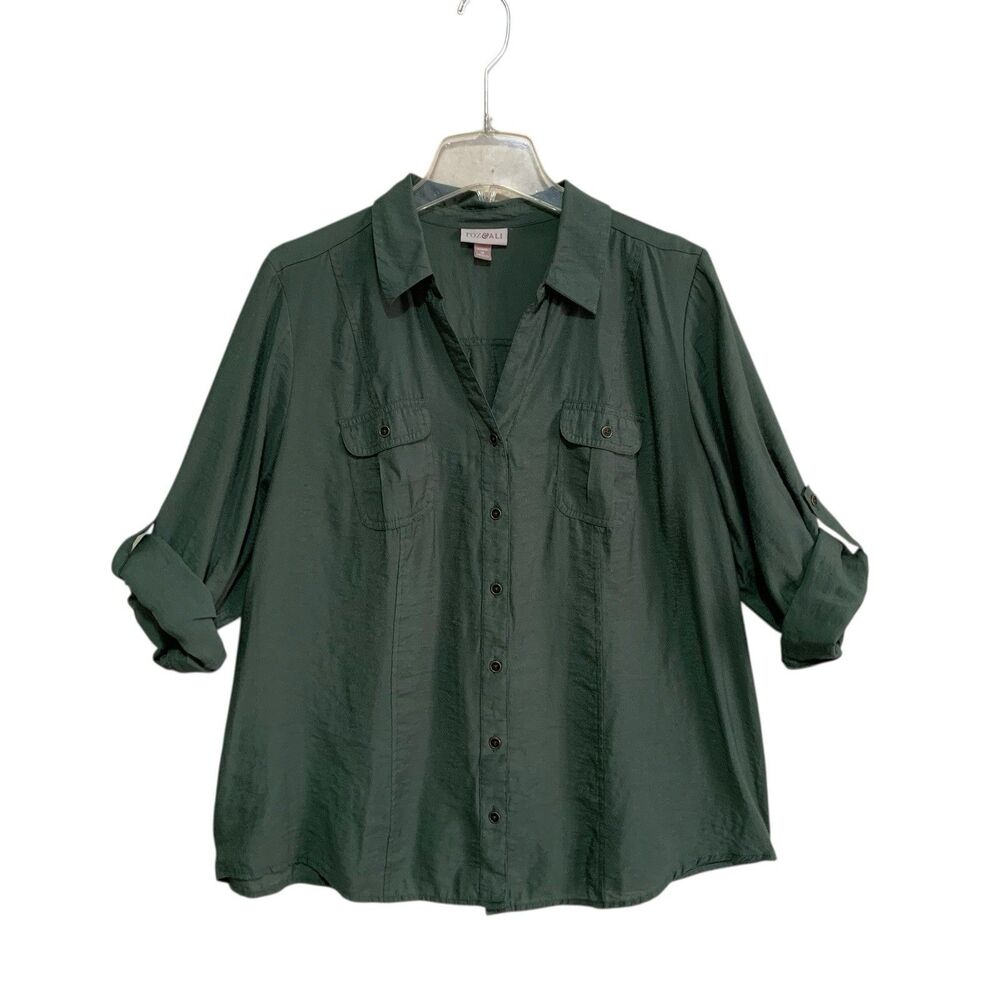 Roz & Ali Blouse Top Women's Size 1X Green Button-Up Roll-Tab Sleeve Lightweight